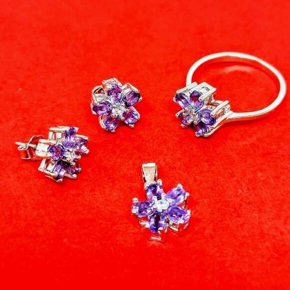 SALE! Natural Amethyst 925 Sterling Silver Earrings, Pendant, Ring 8.25 Set - Picture 3 of 10